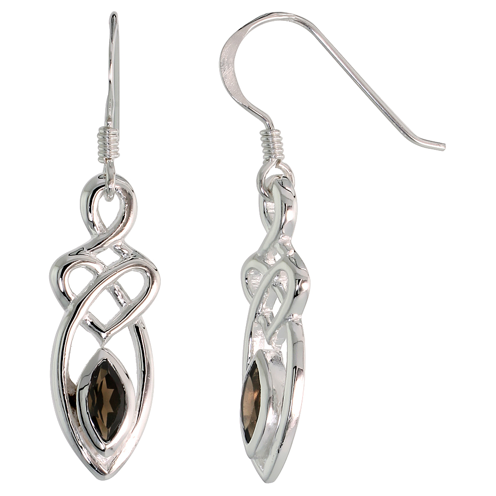 STERLING SILVER GENUINE SMOKY TOPAZ CELTIC MOTHERHOOD KNOT EARRINGS, 1 1/4 INCH