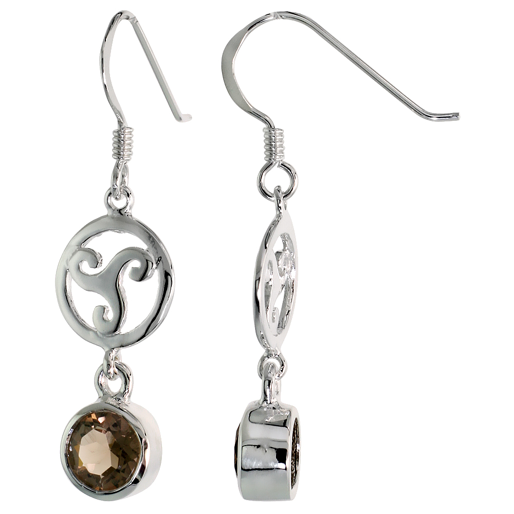 STERLING SILVER GENUINE SMOKY TOPAZ CELTIC TRISKELION EARRINGS, 1 1/2 INCH