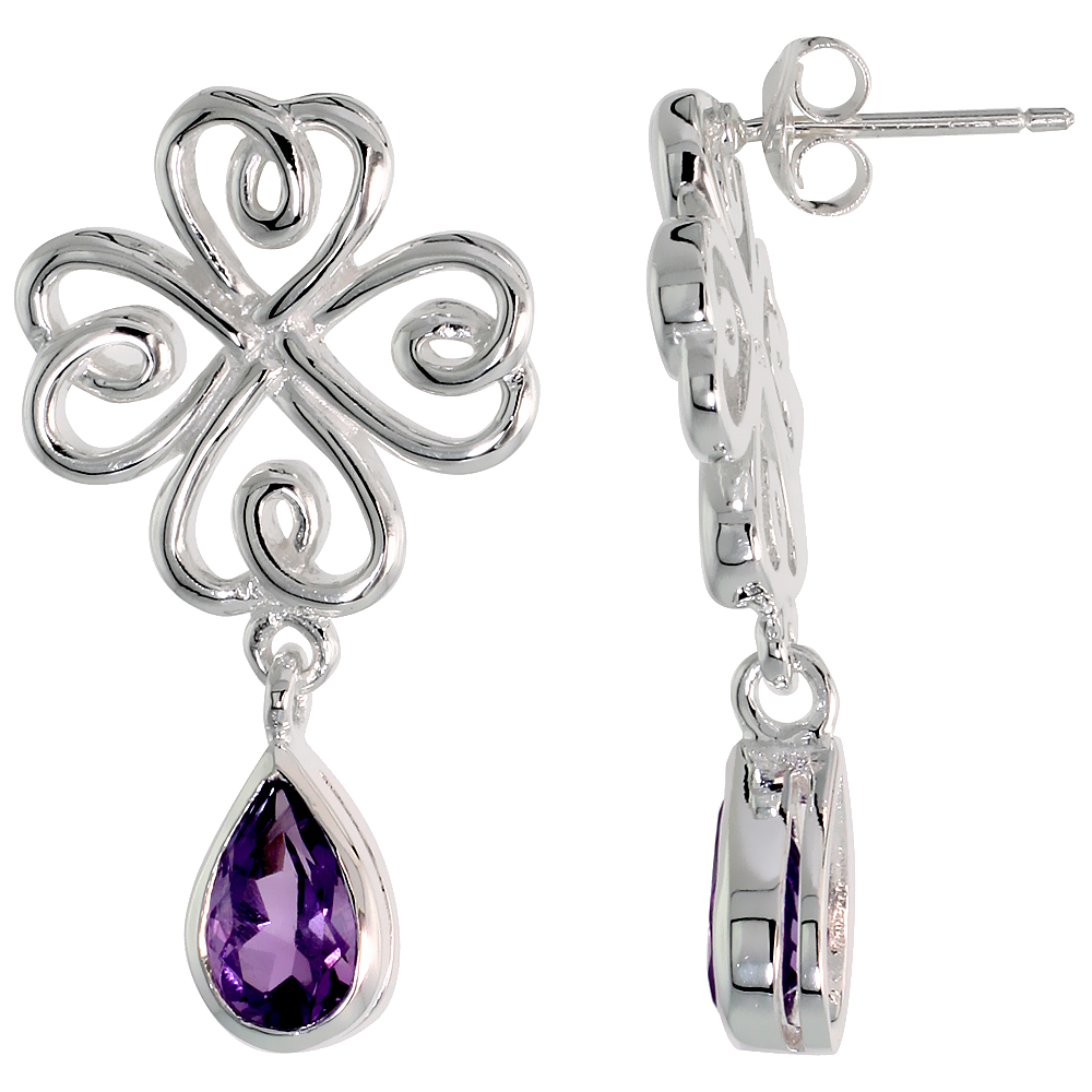 STERLING SILVER GENUINE AMETHYST CELTIC 4 LEAF CLOVER EARRINGS TEARDROP, 1 1/4 INCH