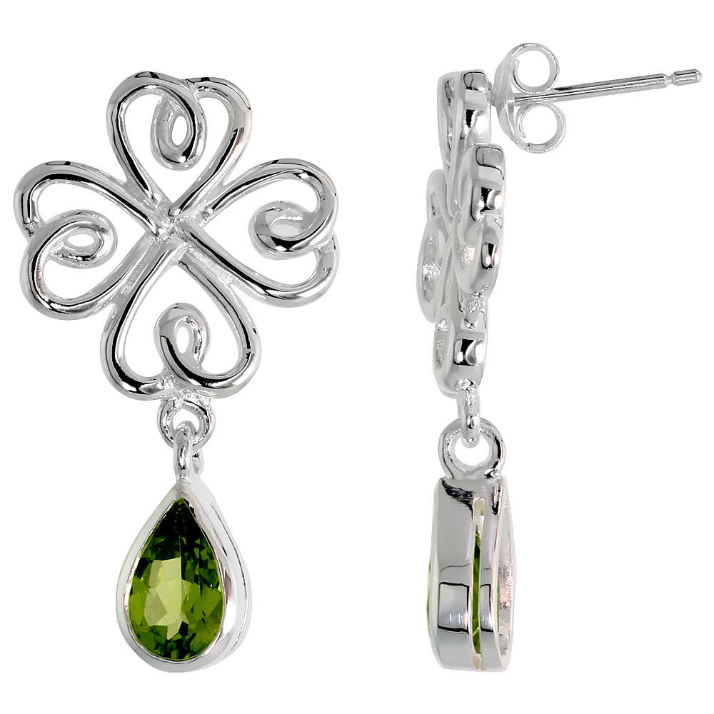 STERLING SILVER GENUINE PERIDOT CELTIC 4 LEAF CLOVER EARRINGS TEARDROP, 1 1/4 INCH