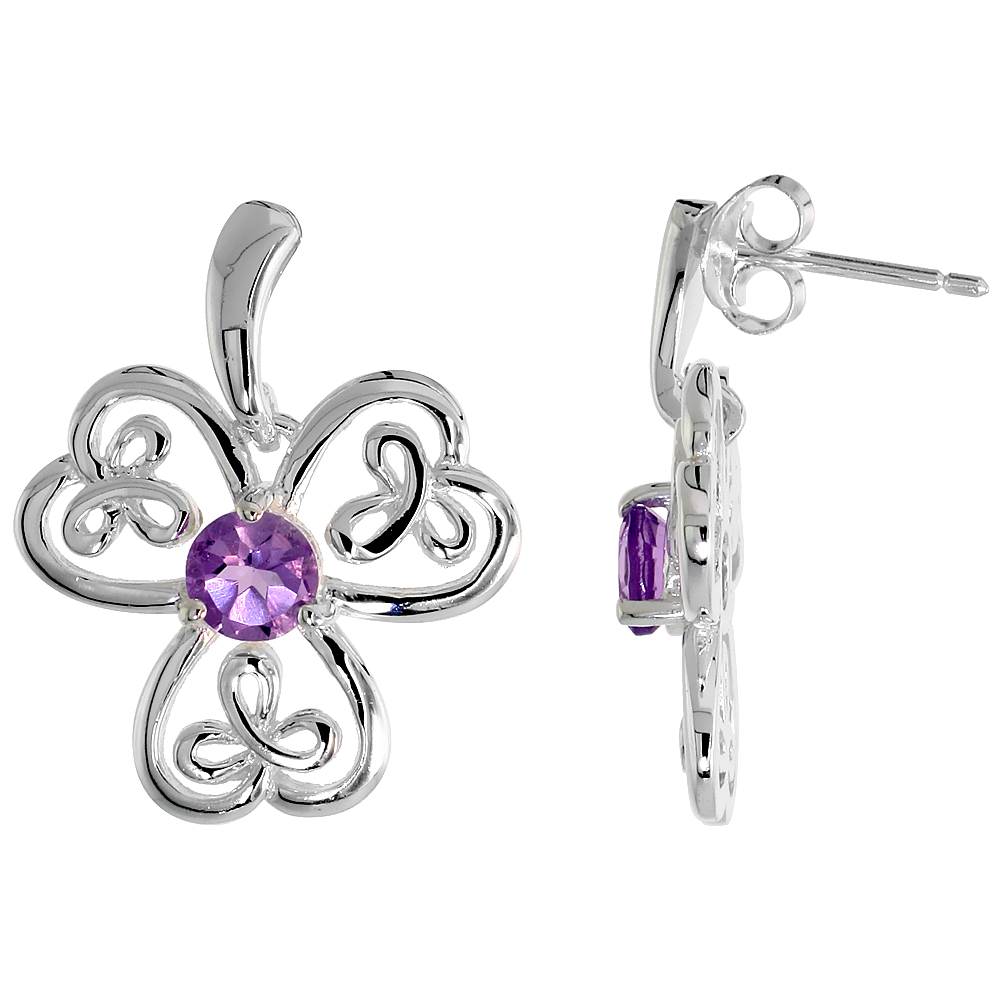 STERLING SILVER GENUINE AMETHYST CELTIC SHAMROCK EARRINGS LARGE, 7/8 INCH