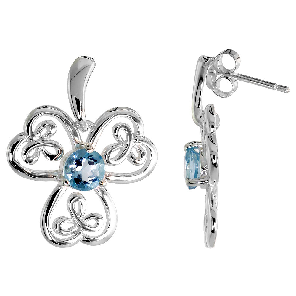 STERLING SILVER GENUINE BLUE TOPAZ CELTIC SHAMROCK EARRINGS LARGE, 7/8 INCH