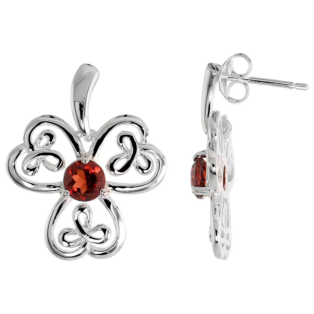 STERLING SILVER GENUINE GARNET CELTIC SHAMROCK EARRINGS LARGE, 7/8 INCH