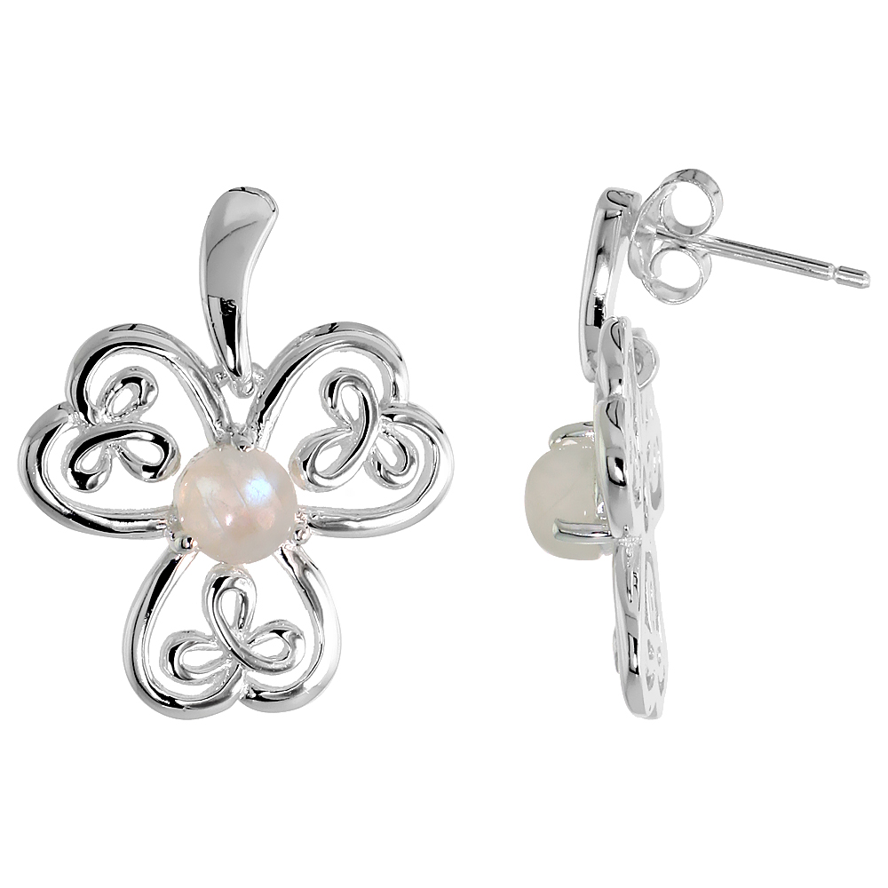 STERLING SILVER GENUINE MOONSTONE CELTIC SHAMROCK EARRINGS LARGE, 7/8 INCH