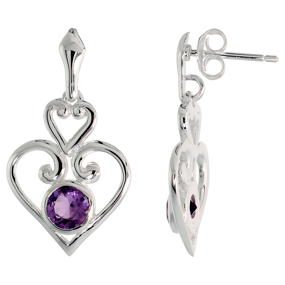 STERLING SILVER GENUINE AMETHYST SCROLL HEART EARRINGS, 1 INCH