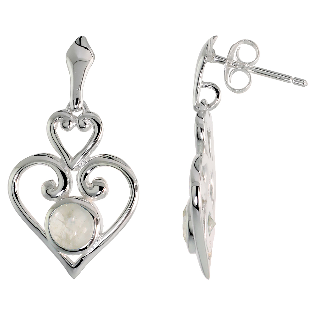 STERLING SILVER GENUINE MOONSTONE SCROLL HEART EARRINGS, 1 INCH