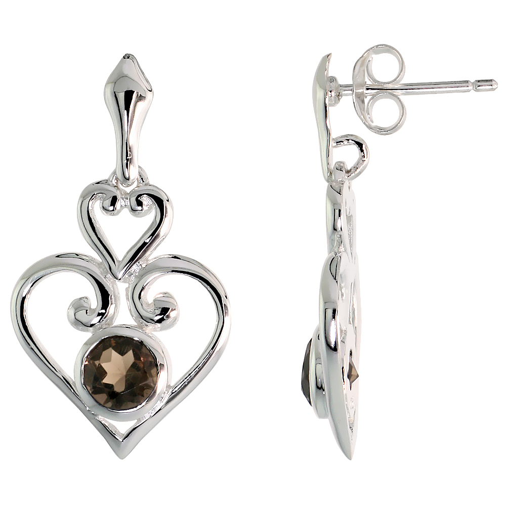 STERLING SILVER GENUINE SMOKY TOPAZ SCROLL HEART EARRINGS, 1 INCH