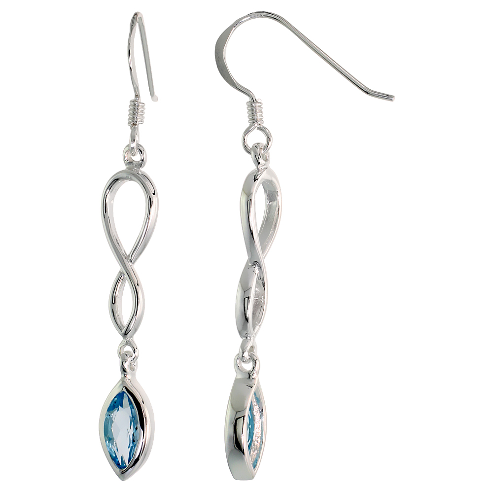 STERLING SILVER GENUINE BLUE TOPAZ INFINITY SYMBOL EARRINGS TEARDROP, 1 3/4 INCH