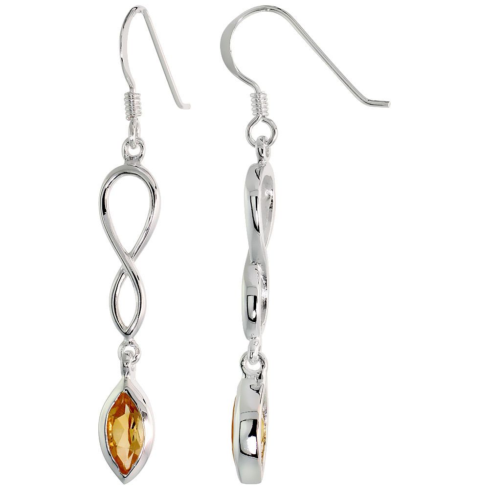 STERLING SILVER GENUINE CITRINE INFINITY SYMBOL EARRINGS TEARDROP, 1 3/4 INCH