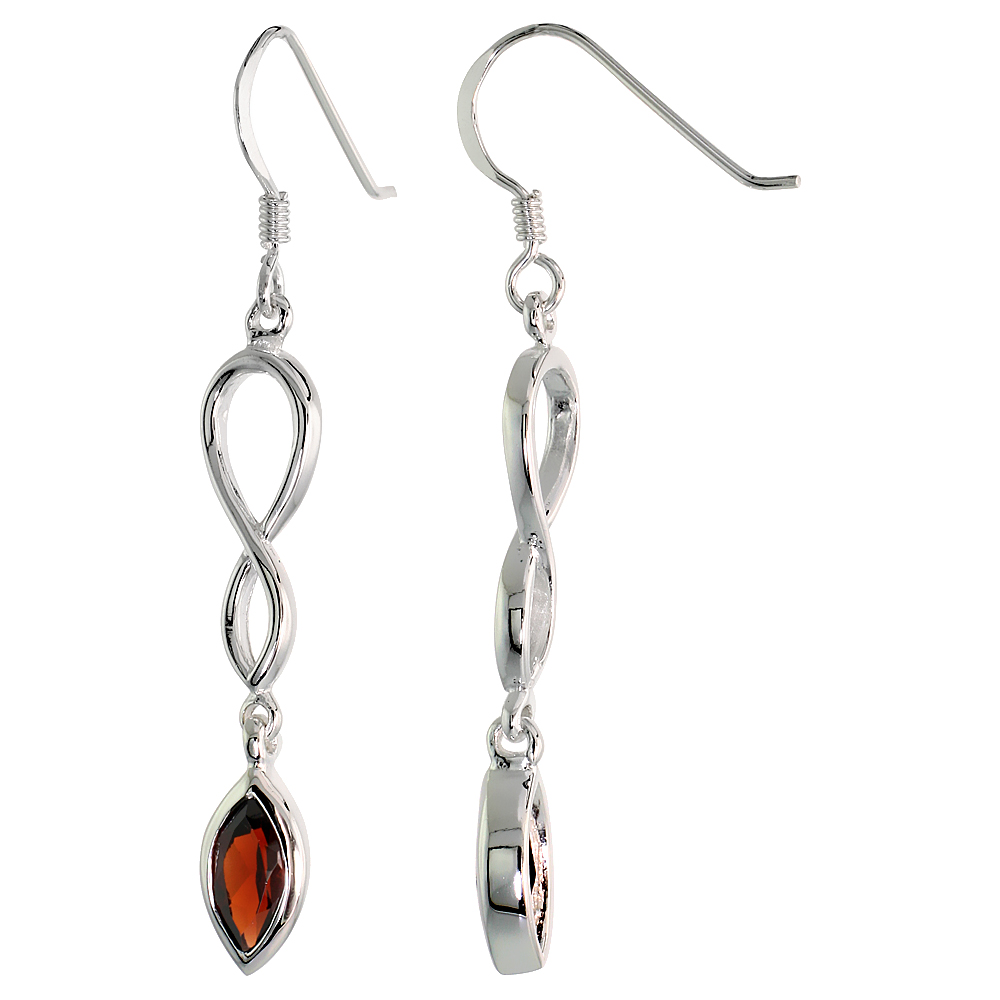 STERLING SILVER GENUINE GARNET INFINITY SYMBOL EARRINGS TEARDROP, 1 3/4 INCH