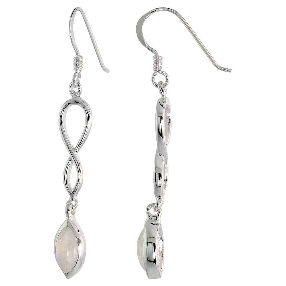 STERLING SILVER GENUINE MOONSTONE INFINITY SYMBOL EARRINGS TEARDROP, 1 3/4 INCH
