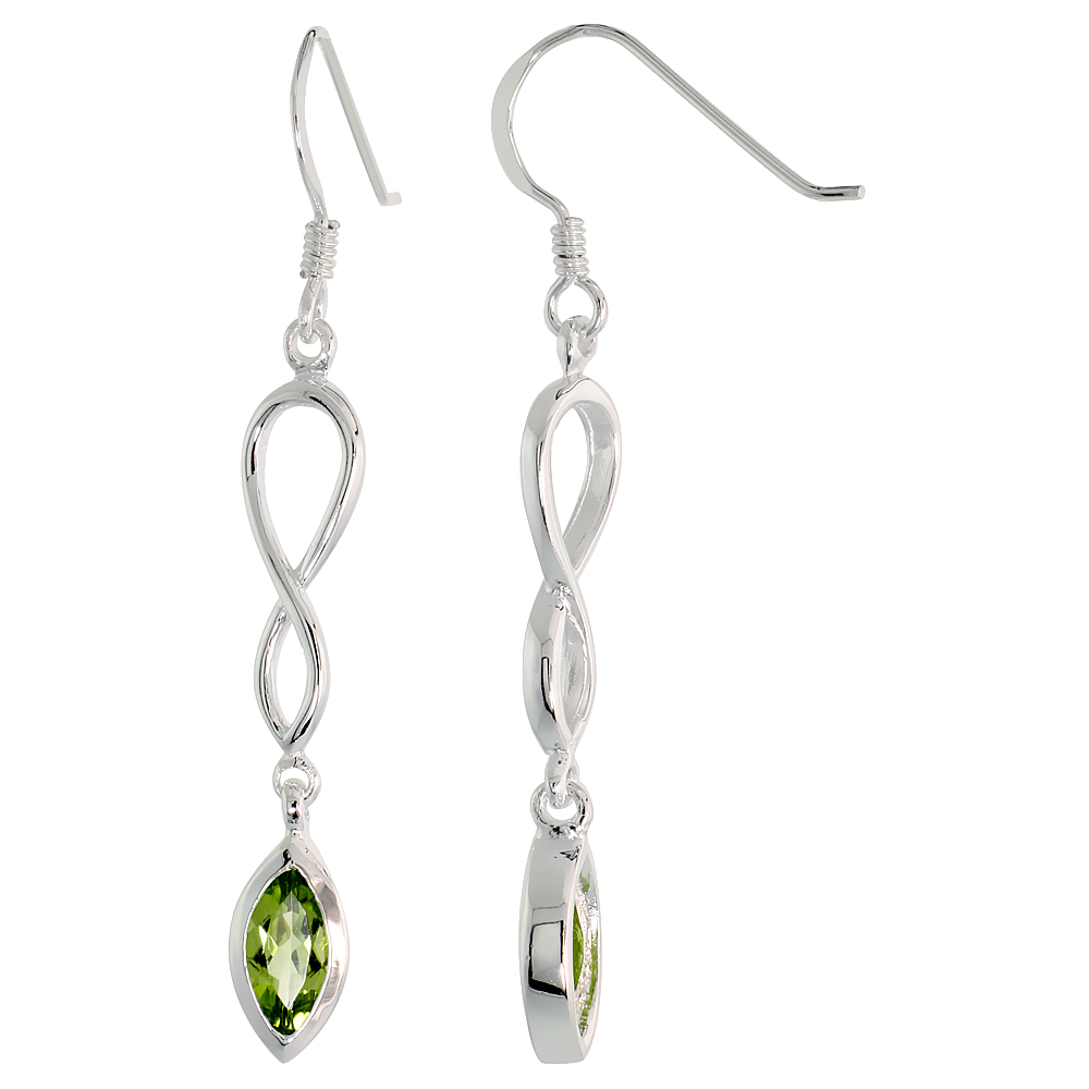 STERLING SILVER GENUINE PERIDOT INFINITY SYMBOL EARRINGS TEARDROP, 1 3/4 INCH