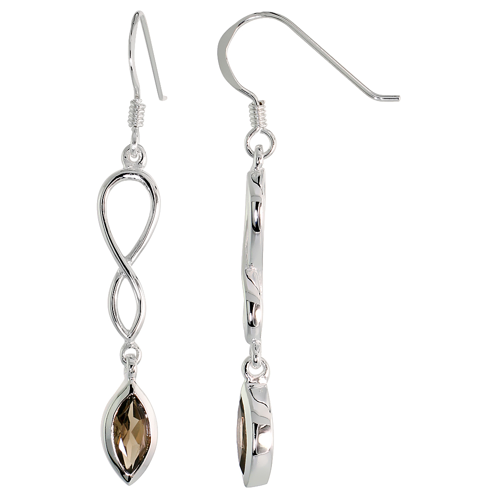 STERLING SILVER GENUINE SMOKY TOPAZ INFINITY SYMBOL EARRINGS TEARDROP, 1 3/4 INCH