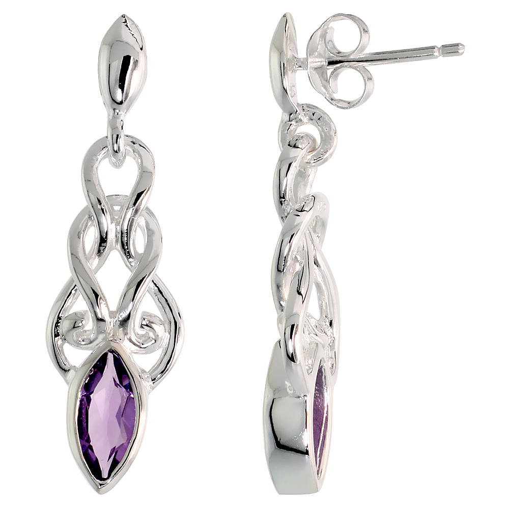 STERLING SILVER GENUINE AMETHYST CELTIC KNOT EARRINGS, 1 1/4 INCH