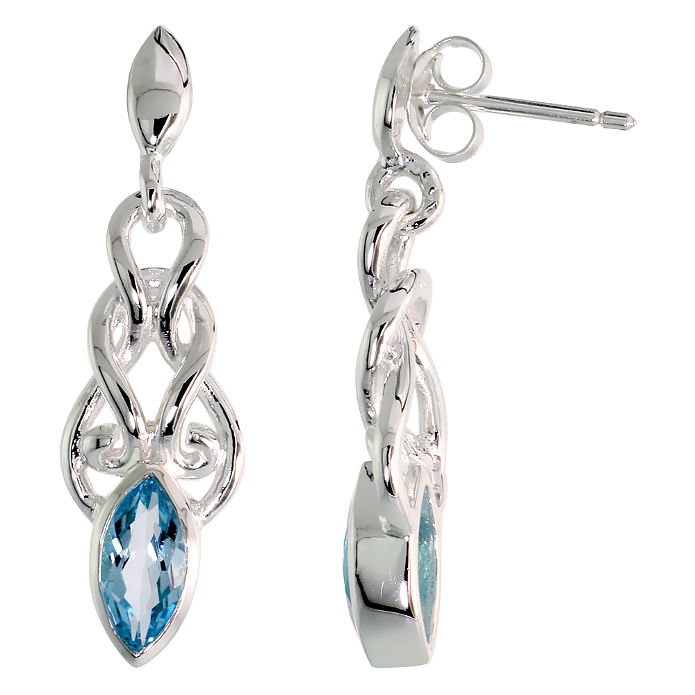 STERLING SILVER GENUINE BLUE TOPAZ CELTIC KNOT EARRINGS, 1 1/4 INCH