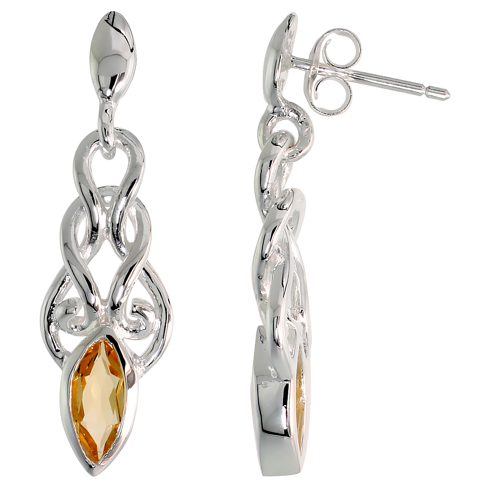 STERLING SILVER GENUINE CITRINE CELTIC KNOT EARRINGS, 1 1/4 INCH