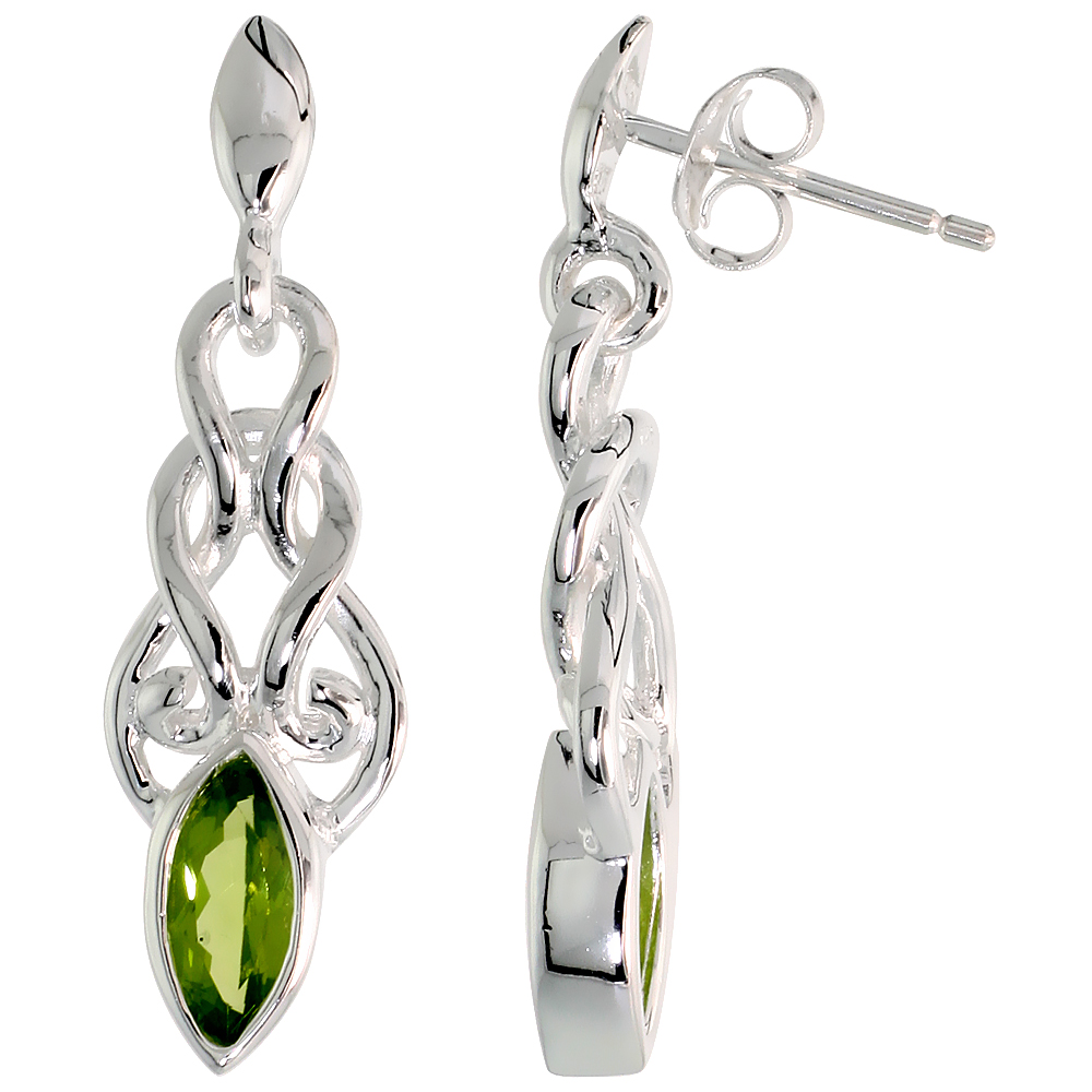 STERLING SILVER GENUINE PERIDOT CELTIC KNOT EARRINGS, 1 1/4 INCH