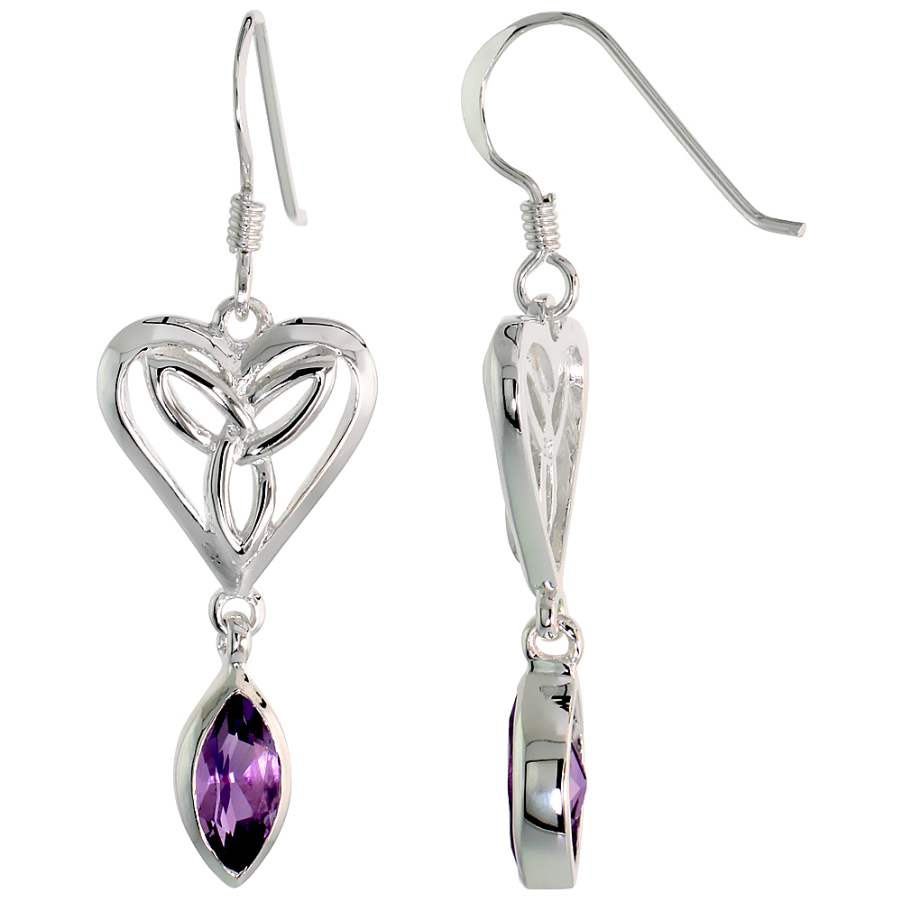 STERLING SILVER GENUINE AMETHYST TRIQUETRA EARRINGS CELTIC HEART, 1 1/2 INCH