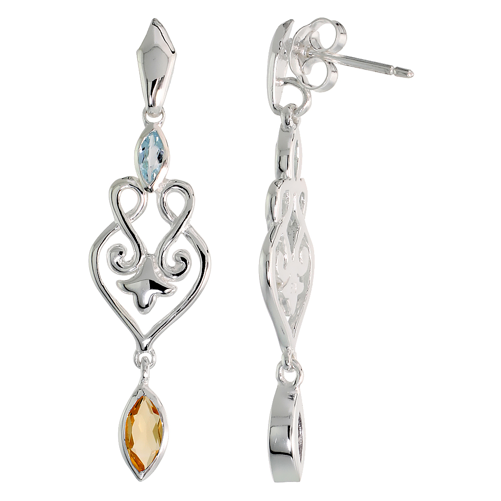 STERLING SILVER GENUINE CITRINE BLUE TOPAZ SCROLL HEART EARRINGS, 1 1/2 INCH