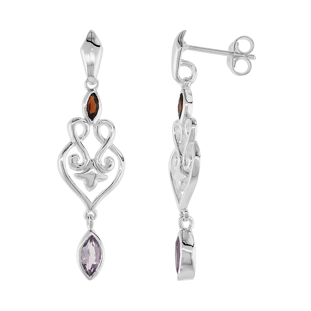 STERLING SILVER GENUINE AMETHYST GARNET SCROLL HEART EARRINGS, 2 INCH