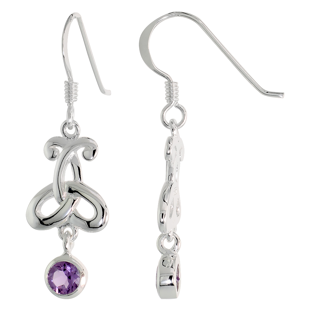 STERLING SILVER GENUINE AMETHYST TRIQUETRA EARRINGS CELTIC TRINITY KNOT, 1 3/8 INCH