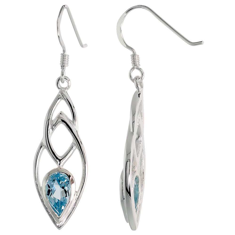 STERLING SILVER GENUINE BLUE TOPAZ TEARDROP EARRINGS, 1 5/8 INCH