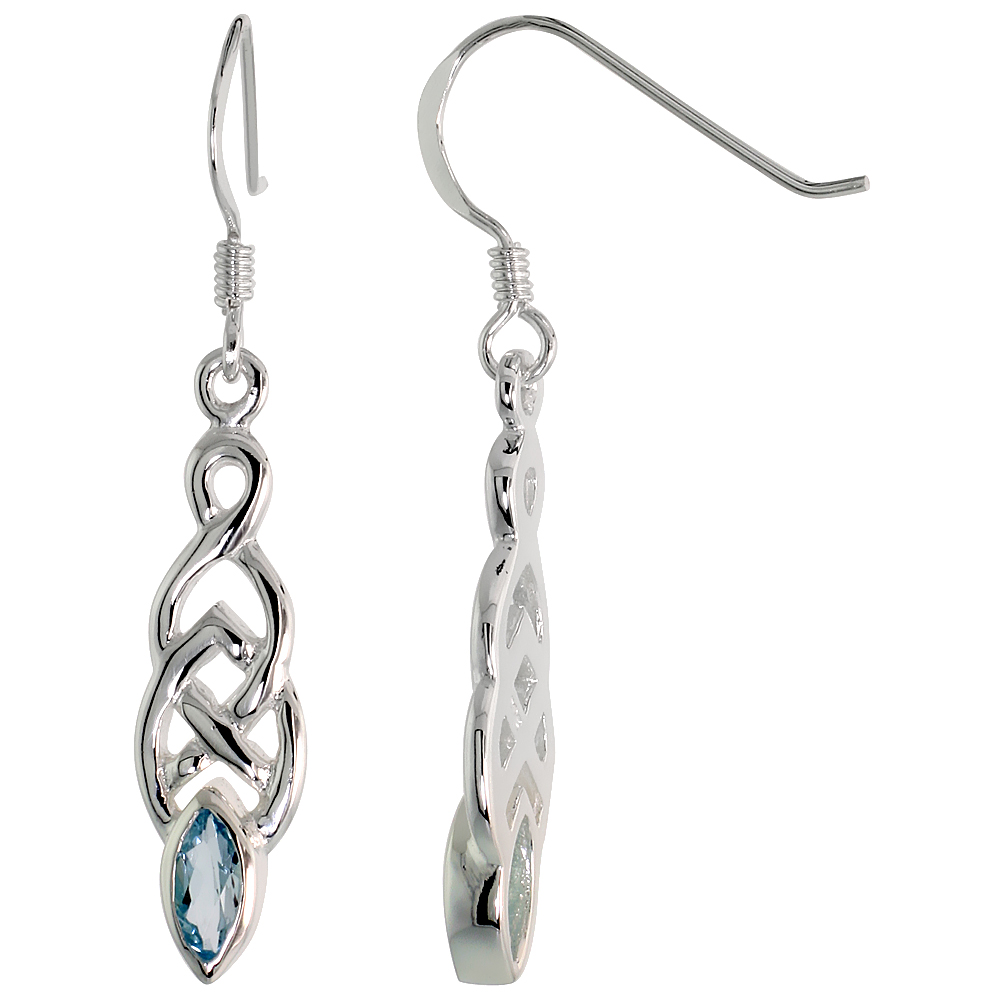 STERLING SILVER GENUINE BLUE TOPAZ CELTIC KNOT EARRINGS, 2 INCH