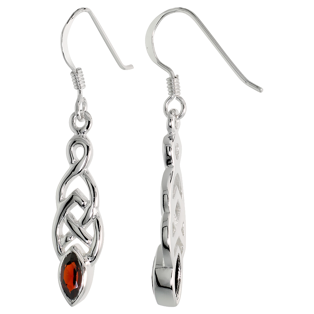 STERLING SILVER GENUINE GARNET CELTIC KNOT EARRINGS, 2 INCH