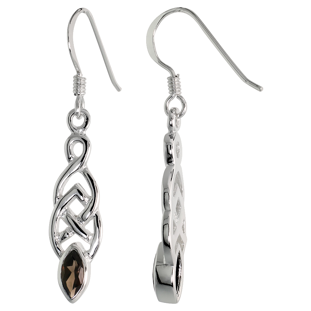 STERLING SILVER GENUINE SMOKY TOPAZ CELTIC KNOT EARRINGS, 1 1/2 INCH