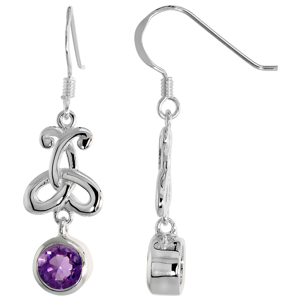 STERLING SILVER GENUINE AMETHYST TRIQUETRA EARRINGS CELTIC TRINITY KNOT, 1 3/8 INCH