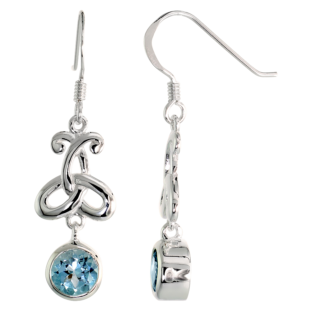 STERLING SILVER GENUINE BLUE TOPAZ TRIQUETRA EARRINGS CELTIC TRINITY KNOT, 1 3/8 INCH
