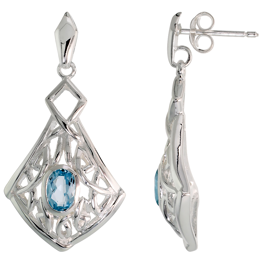 STERLING SILVER GENUINE BLUE TOPAZ CELTIC QUATERNARY KNOT EARRINGS, 1 1/4 INCH