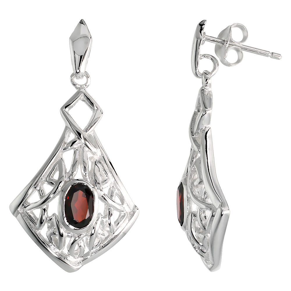 STERLING SILVER GENUINE GARNET CELTIC QUATERNARY KNOT EARRINGS, 1 1/4 INCH