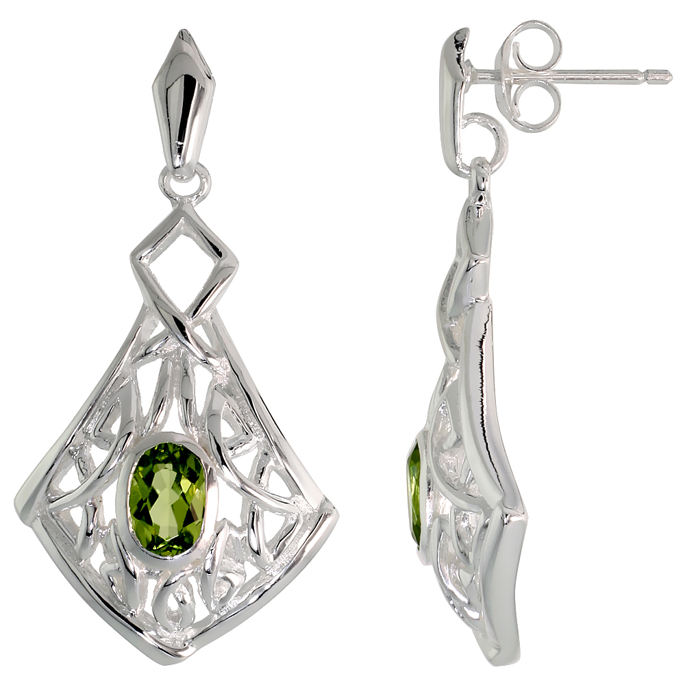 STERLING SILVER GENUINE PERIDOT CELTIC QUATERNARY KNOT EARRINGS, 1 1/4 INCH
