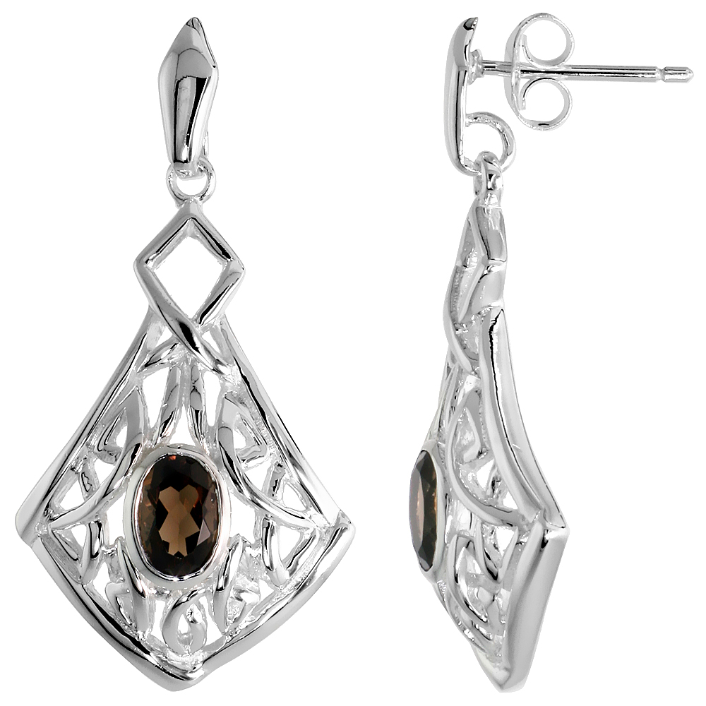 STERLING SILVER GENUINE SMOKY TOPAZ CELTIC QUATERNARY KNOT EARRINGS, 1 1/4 INCH
