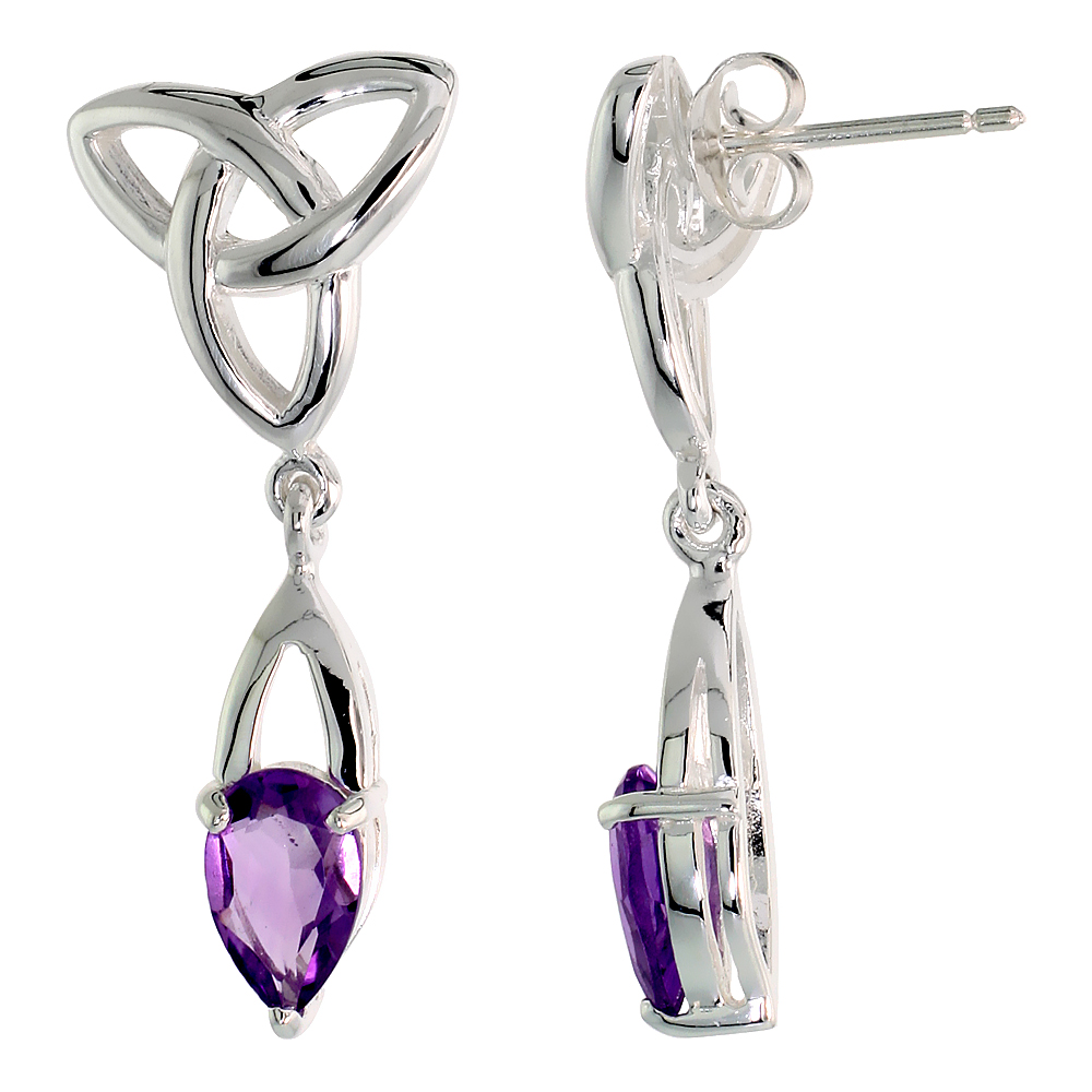 STERLING SILVER GENUINE AMETHYST TRIQUETRA EARRINGS CELTIC TRINITY KNOT , 1 1/4 INCH