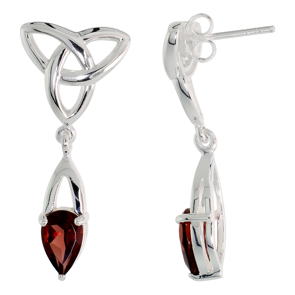 STERLING SILVER GENUINE GARNET TRIQUETRA EARRINGS CELTIC TRINITY KNOT , 1 1/4 INCH