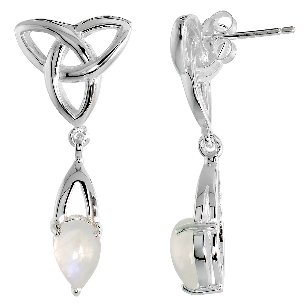 STERLING SILVER GENUINE MOONSTONE TRIQUETRA EARRINGS CELTIC TRINITY KNOT , 1 1/4 INCH
