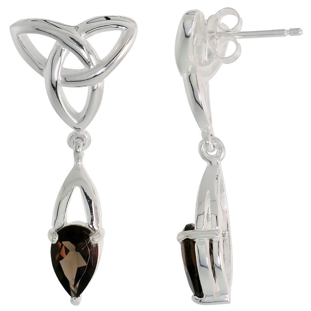 STERLING SILVER GENUINE SMOKY TOPAZ TRIQUETRA EARRINGS CELTIC TRINITY KNOT , 1 1/4 INCH