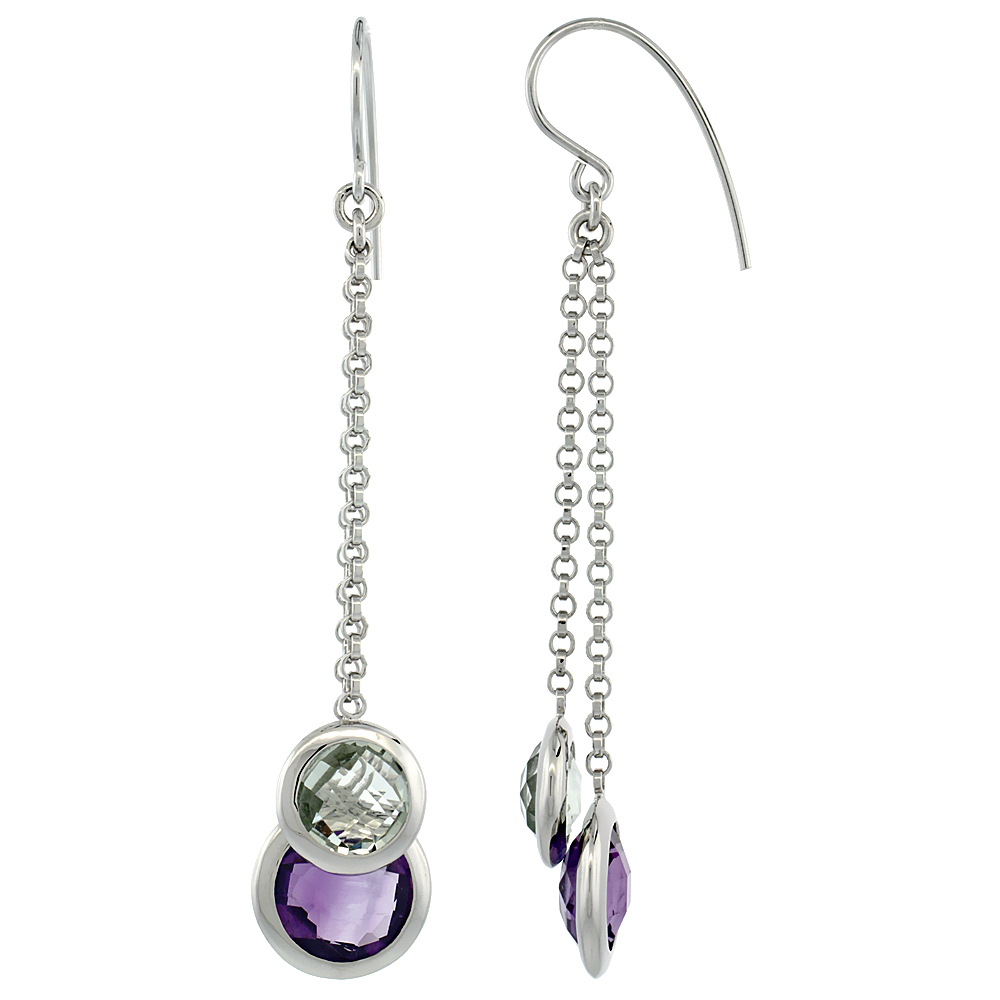 STERLING SILVER NATURAL STONE DANGLE EARRINGS W/ 9MM AMETHYST & 8MM GREEN AMETHYST DROP, 2 9/16 IN. (65 MM) TALL
