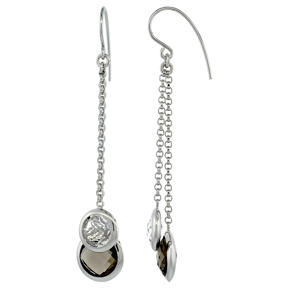 STERLING SILVER NATURAL STONE DANGLE EARRINGS W/ 9MM SMOKY TOPAZ & 8MM WHITE QUARTZ DROP, 2 9/16 IN. (65 MM) TALL