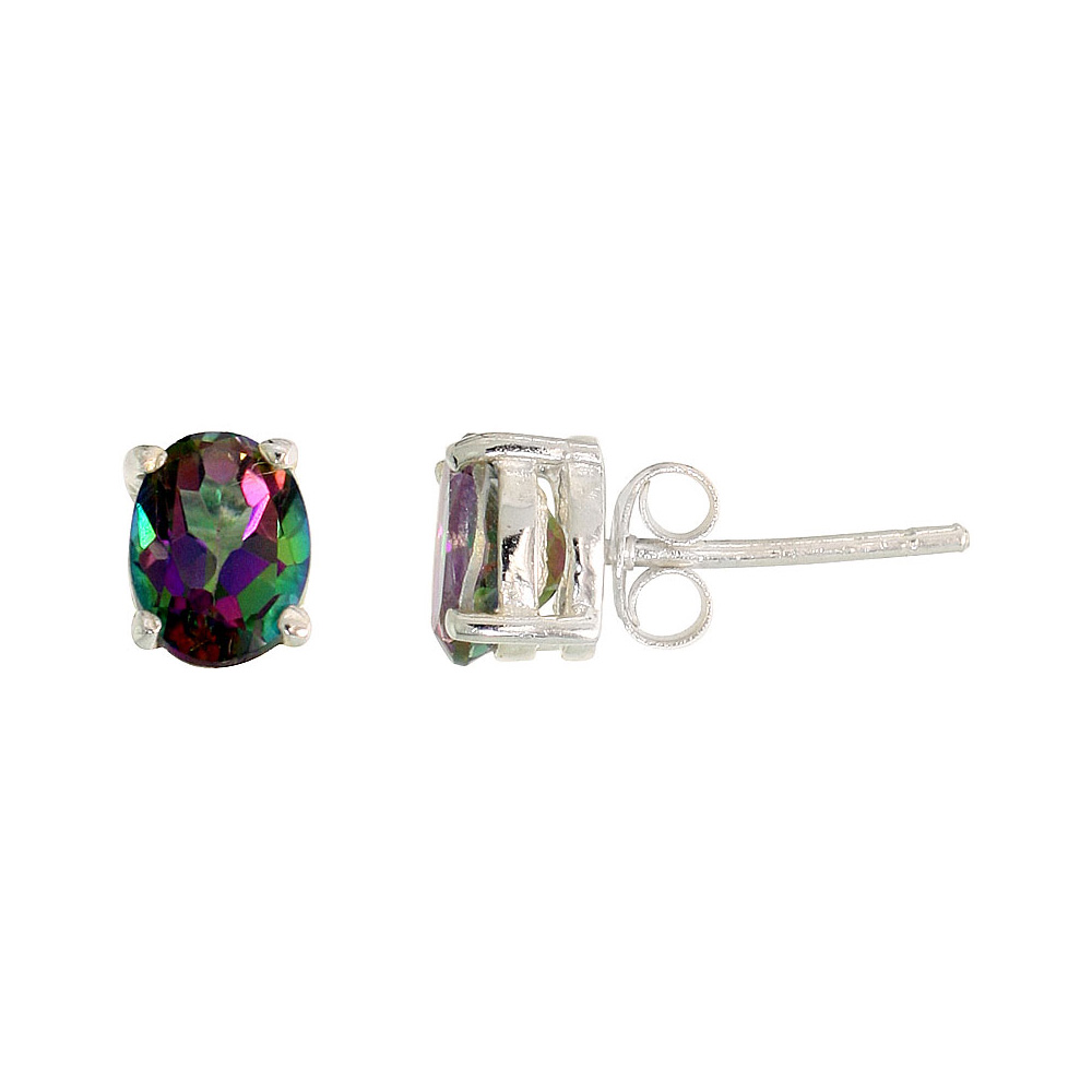 STERLING SILVER 8X6MM OVAL RAINBOW MYSTIC TOPAZ STONE STUD EARRINGS