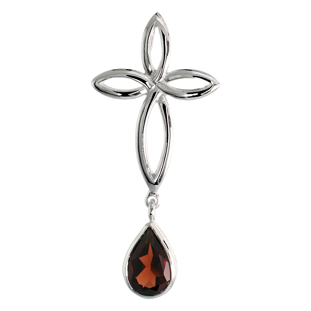 STERLING SILVER GENUINE GARNET CELTIC CROSS KNOT PENDANTS TEARDROP, 1 3/4 INCH LONG