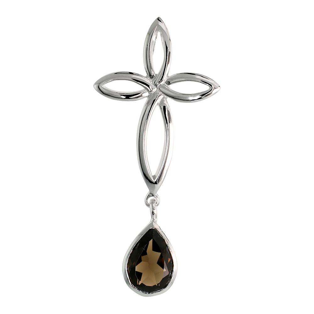 STERLING SILVER GENUINE SMOKY TOPAZ CELTIC CROSS KNOT PENDANTS TEARDROP, 1 3/4 INCH LONG