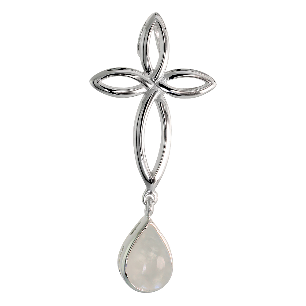 Sterling Silver Genuine Moonstone Celtic Cross Knot Pendants Teardrop, 1 3/4 inch long