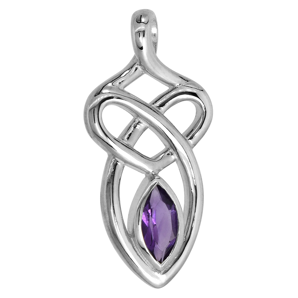 STERLING SILVER GENUINE AMETHYST CELTIC MOTHERHOOD KNOT PENDANT, 1 1/8 INCH LONG