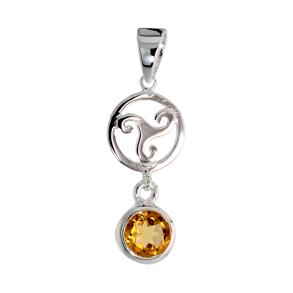 STERLING SILVER GENUINE CITRINE CELTIC TRISKELION PENDANT, 1 1/4 INCH LONG