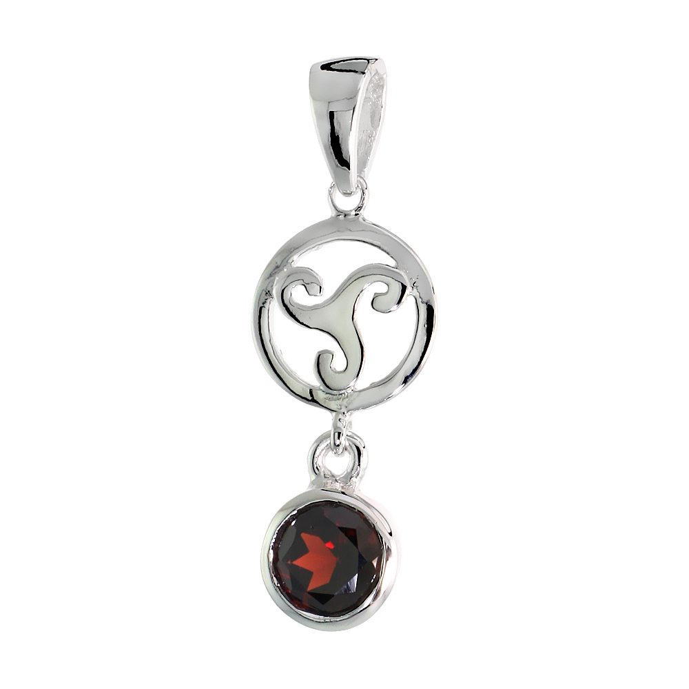 STERLING SILVER GENUINE GARNET CELTIC TRISKELION PENDANT, 1 1/4 INCH LONG