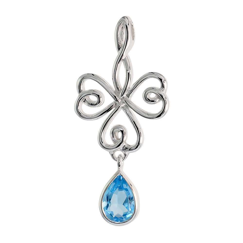 STERLING SILVER GENUINE BLUE TOPAZ CELTIC SHAMROCK PENDANT TEARDROP, 1 1/2 INCH LONG