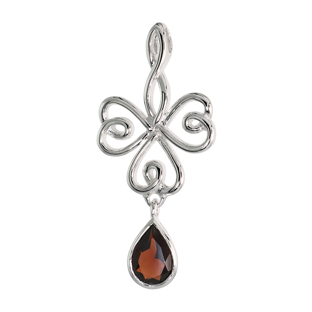 STERLING SILVER GENUINE GARNET CELTIC SHAMROCK PENDANT TEARDROP, 1 1/2 INCH LONG